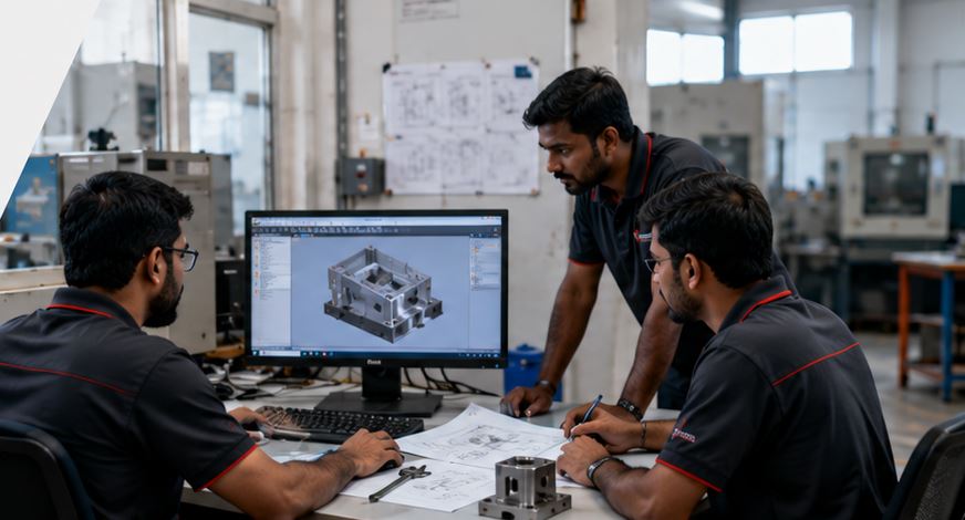 Girimaji engineers reviewing a CAD design at a workstation